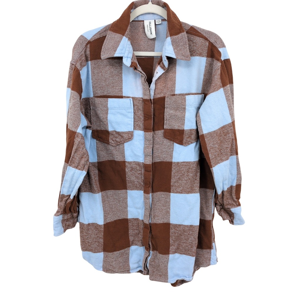 Collusion Plaid Flannel Button Shirt Women 6 Brown Blue Oversized Grunge Shacket